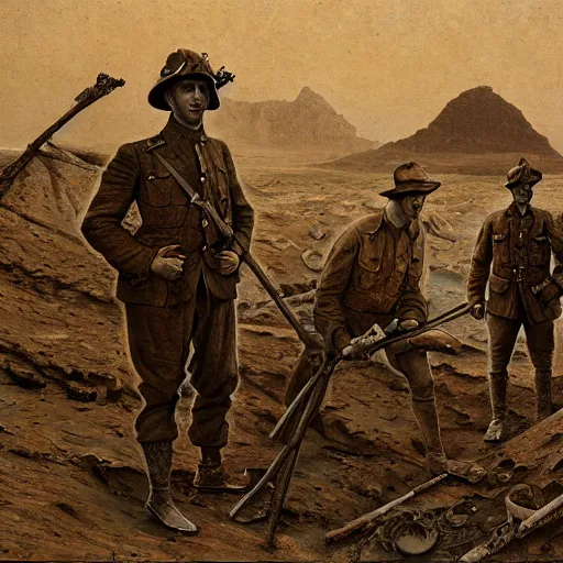 Image similar to ultra detailed photorealistic sepia - toned painting from 1 9 1 7, three british soldiers standing at an archaeological dig site in wadi rum, ultra realistic, painted, intricate details, lovecraft, atmospheric, dark, horror, brooding, highly detailed, by angus mcbride