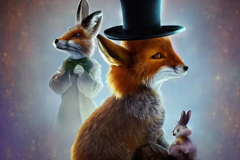 Image similar to the fox in the top hat whispered into the ear of the rabbit. photo - realistic hd, hyperrealism, colourful, highly detailed, cinematic, luminescence, 3 2 k, dop, high contrast, intricate, mystery, epic, fantasy