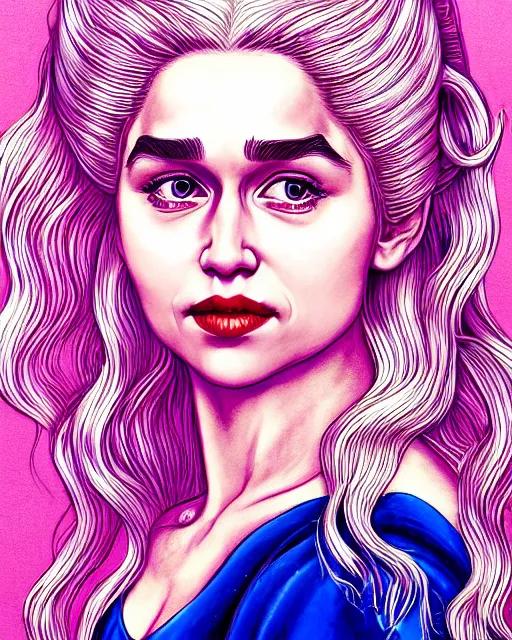 Prompt: closeup portrait happy beautiful daenerys targaryen with long blonde windblown hair in an ornate royal dress, standing on a street in chinatown, pink lipstick, glamour pose, detailed illustration, digital art, trending on artstation, arney freytag, frank miller, moebius, graffiti,