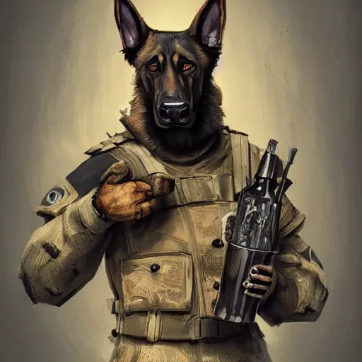 Image similar to a humanoid german shepherd beast - man in military style, holding a bottle of beer, artstation, concept art, smooth, sharp foccus ilustration, artstation