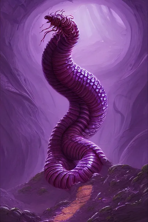 Image similar to giant purple worm is visible in the back, fantasy, intricate, elegant, highly detailed, digital painting, artstation, concept art, smooth, sharp focus, illustration, art by Jovan Delic