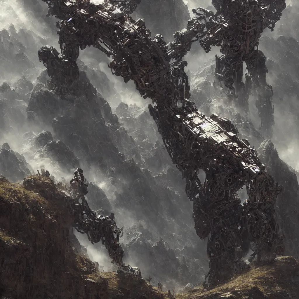 Prompt: a detailed portrait of a giant mechanical humanoid buried half way in the mountains by Greg Rutkowski, Sung Choi, Mitchell Mohrhauser, Maciej Kuciara, Johnson Ting, Maxim Verehin, Peter Konig, final fantasy, Marco lense , 8k photorealistic, cinematic lighting, HD, high details, atmospheric , trending on artstation