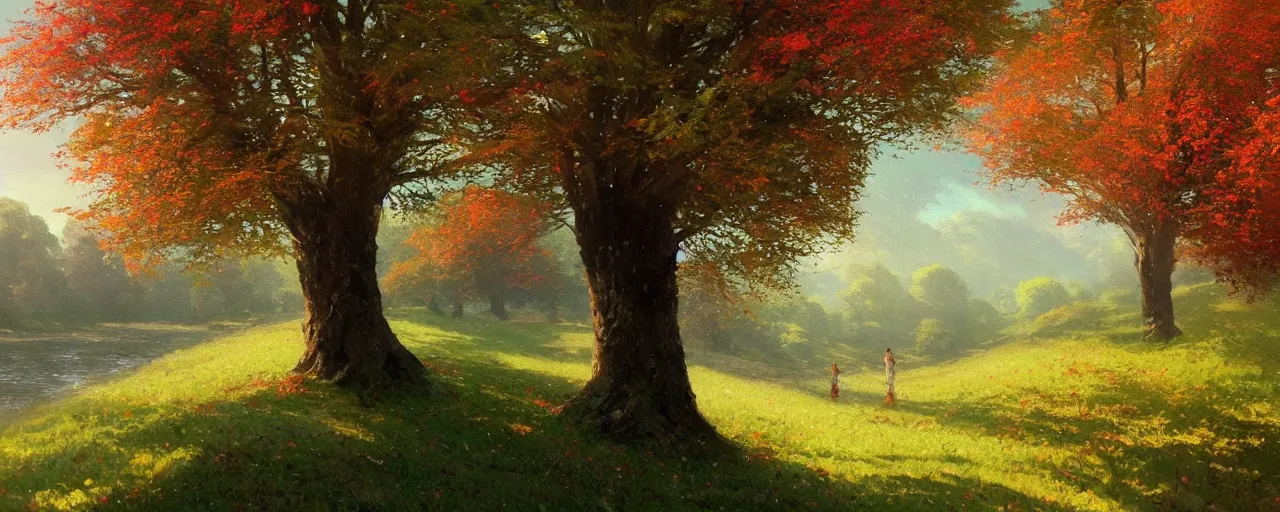 Prompt: a beautiful painting of a tree with autumn flowers on a green hill by the river by greg rutkowski and thomas kinkade, trending on artstation