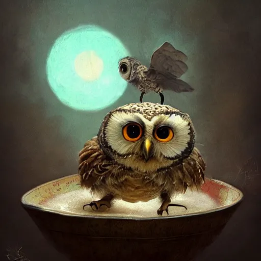 Image similar to long shot of a very cute owl chick nesting in a very romantique cup, by esao andrews, humorous illustration, hyperrealistic, big depth of field, warm colors, night scenery, low light, 3 d octane render, 4 k, conceptart, hyperdetailed, hyperrealistic, trending on artstation