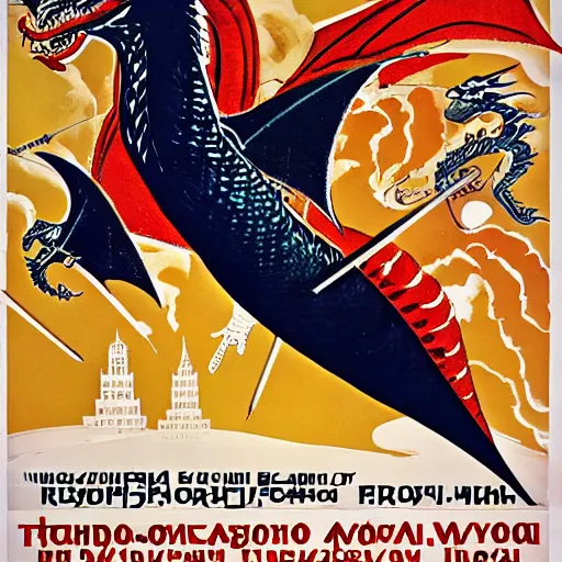 Image similar to Dragon invasion of Moscow, Russia cold war poster style