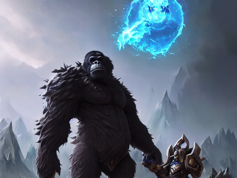 Image similar to portrait of goth gorilla, full body shot, rule of thirds, low angle, action pose, fantastic background landscape, fantasy, sci - fi, league of legends hearthstone splash art, art by chengwei pan and huang guangjian and viktoria gavrilenko and artgerm and greg rutkowski, 8 k, octane, trending on artstation