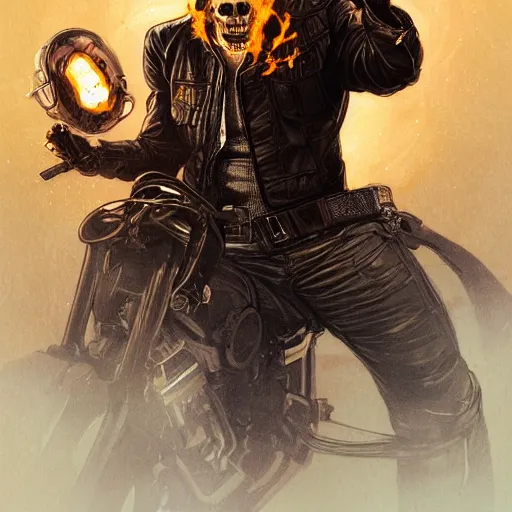 Prompt: portrait of Bob Odenkirk as Ghost Rider, elegant, intricate, headshot, highly detailed, digital painting, artstation, concept art, sharp focus, illustration, art by artgerm and greg rutkowski and alphonse mucha