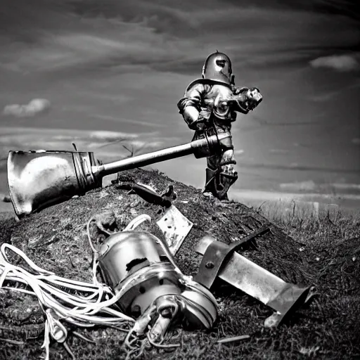 Image similar to wide angle photo of viking wearing space suit helmet and viking armor working on the antigravity gun ancient device, tools and junk on the ground,wires and lights, old village in the distance, vintage old photo, black and white, sepia