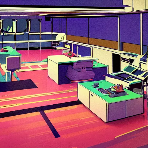 Prompt: 80's-style retro-futurism interior, concept art, digital painting, open floor plan