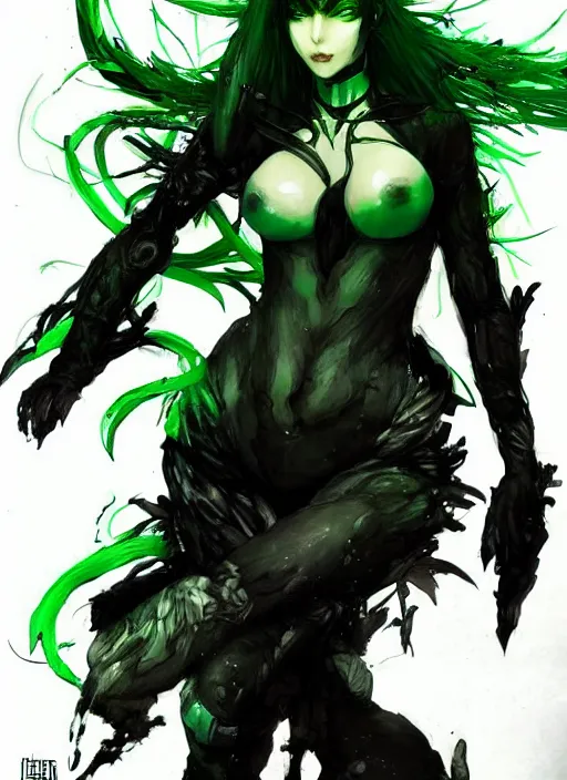 Prompt: Half body portrait of a beautiful dryad blood mage with green hair, black attire, blades for hands. In style of Yoji Shinkawa and Hyung-tae Kim, trending on ArtStation, dark fantasy, great composition, concept art, highly detailed.