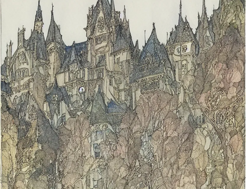 Prompt: a detailed, intricate watercolor and ink illustration with fine lines of the view from the river of an art nouveau castle, by arthur rackham and edmund dulac and lisbeth zwerger