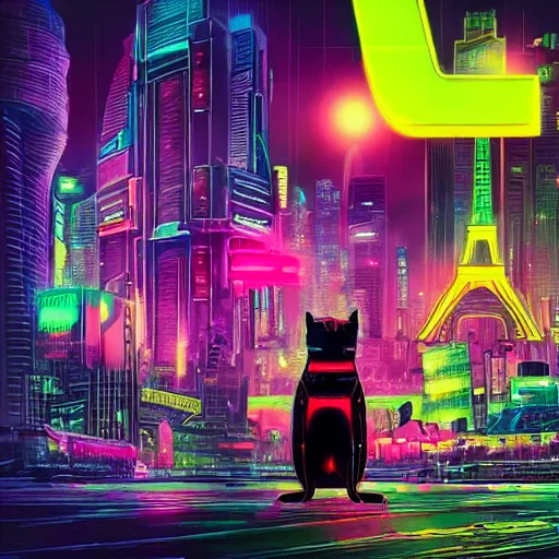 Prompt: cyberpunk cat, neon glow, city in the background, high quality, high detailed