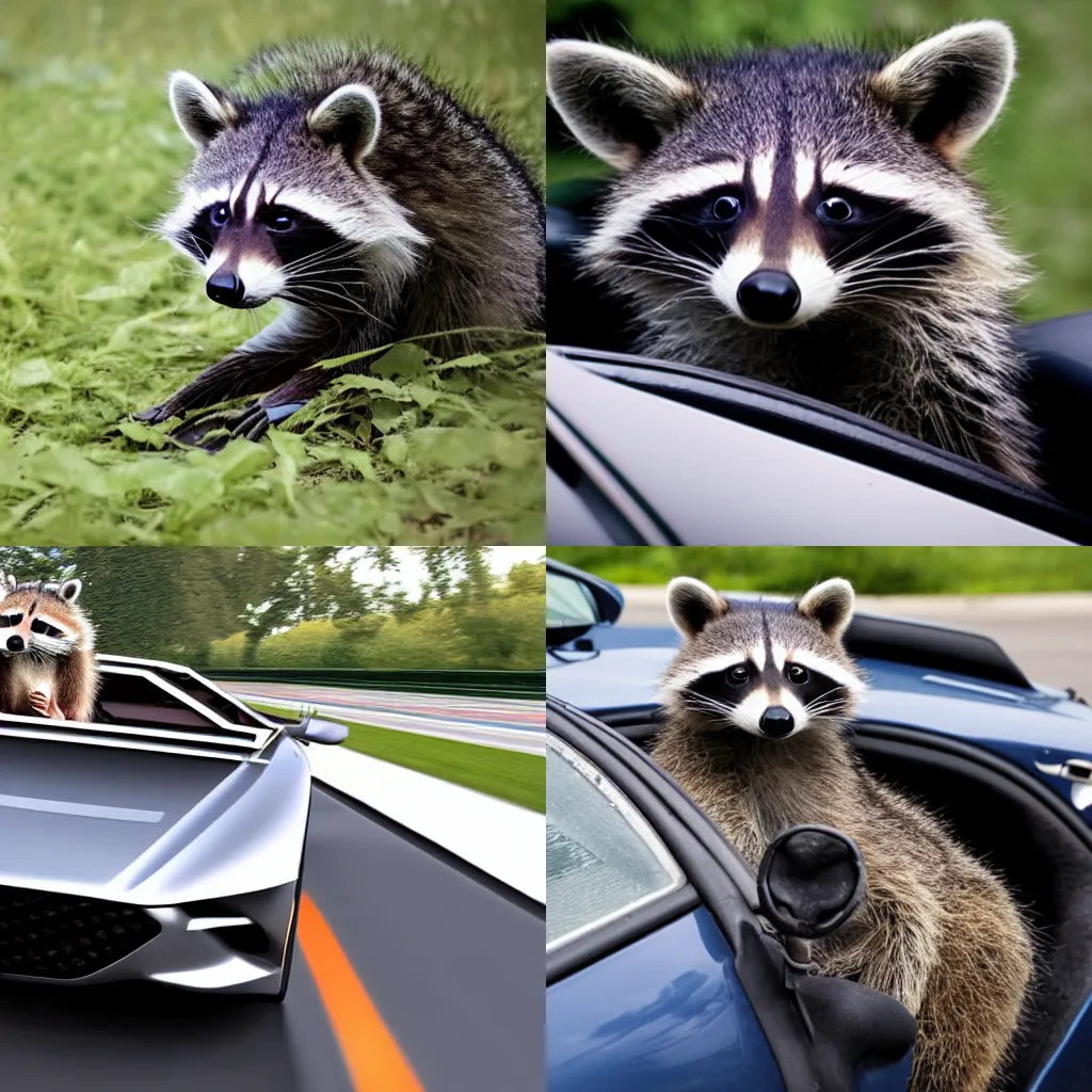 Prompt: a raccoon driving a sports car