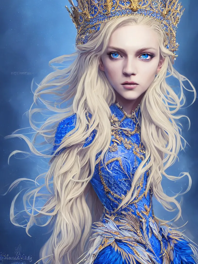 Prompt: A beautiful blonde Slavic woman, highly detailed full body, beautiful blue eyes, detailed intricate blue crown, feathers, wearing fancy clothes, highly detailed figure, fractal crystal, epic composition, ultra wide-shot, dynamic pose, concept art, beautifully lit, digital painting, smooth, desaturated color theme, character design, sharp focus, elegant, intricate, post processing, artstation, by WLOP, James Jean, Victo Ngai, ryohei hase