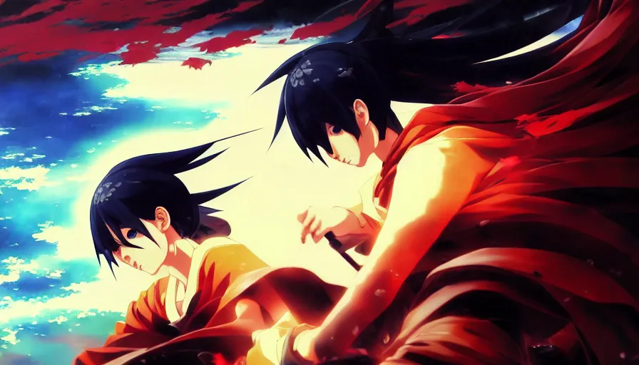 Image similar to baroque oil painting of key visual ninja war, storm, fake detail, trending pixiv fanbox, acrylic palette knife, style of makoto shinkai takashi takeuchi yoshiyuki sadamoto greg rutkowski chiho aoshima