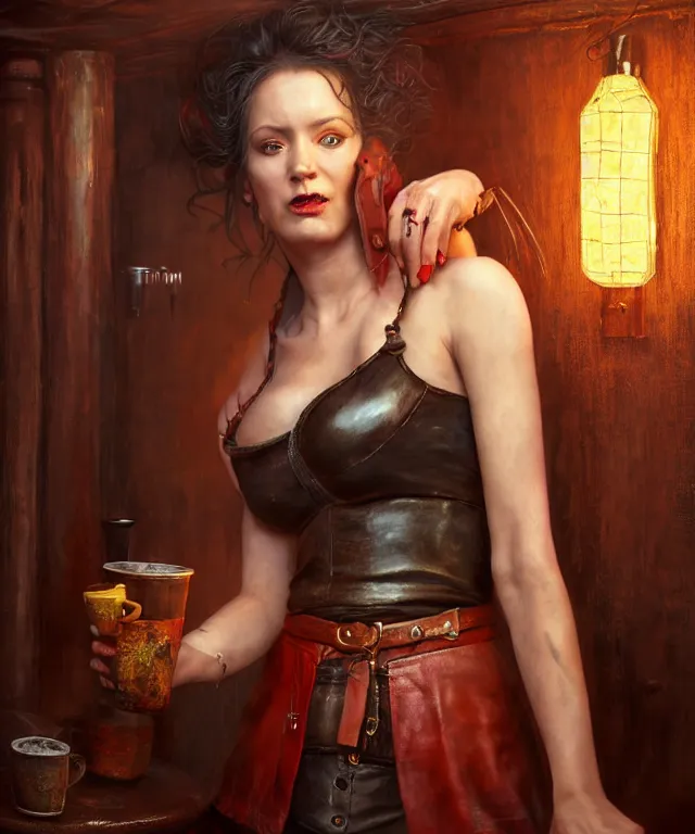 Prompt: hyperrealistic mixed media painting of a beautiful grinning charasmatic female rogue, dimly lit cozy tavern, crimson leather tunic, confident relaxed pose, d&d, stunning 3d render inspired art by Tim Okamura and Lise Deharme + perfect facial symmetry + dim volumetric lighting, 8k octane beautifully detailed render, post-processing, extremely hyperdetailed, intricate, epic composition, grim yet sparkling atmosphere, cinematic lighting + masterpiece, trending on artstation, very very detailed, masterpiece, stunning