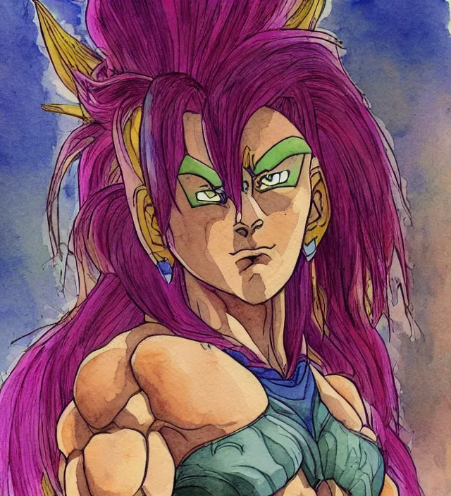 Prompt: a 3 / 4 view watercolor ink painting of daphne isabella blake as broly in the style of jean giraud in the style of moebius trending on artstation deviantart pinterest detailed realistic hd 8 k high resolution