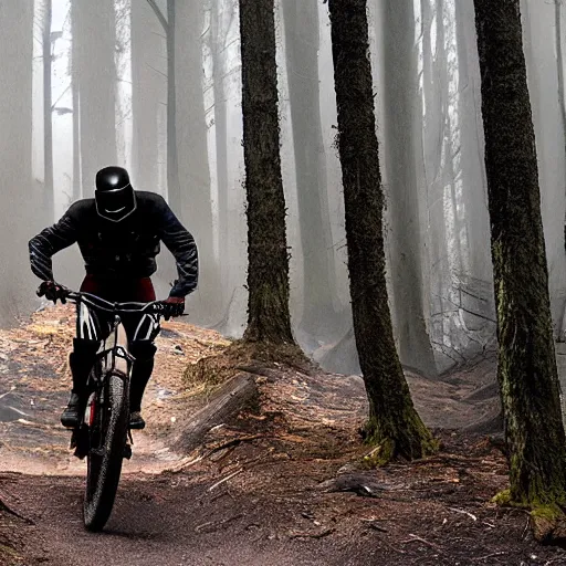 Image similar to darth vader ist riding a mountainbike fast through a burning forrest