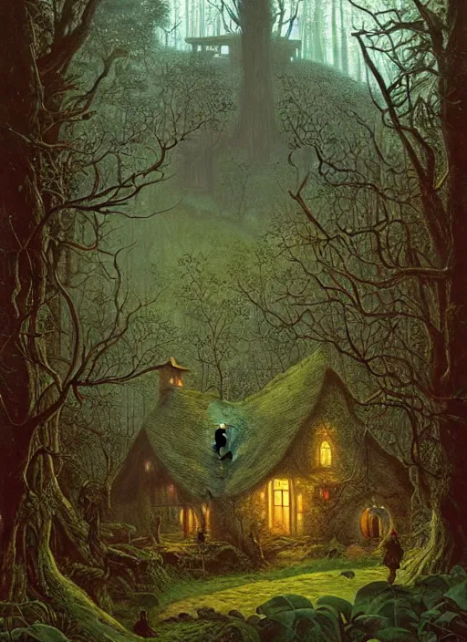 Image similar to hyper realistic witch cottage rococo in the woods gorgeous lighting, highly detailed, lush forest painting by zdzisław beksinski and norman rockwell and greg rutkowskiweta studio, and lucasfilm