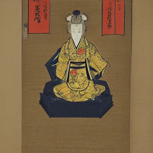 Image similar to a golden baby seal deity, radiating golden light, wearing royal kimono, Japanese ink drawing from 1850