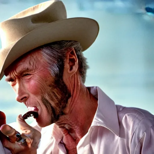 Prompt: Clint Eastwood sniffing a cannabis leaf