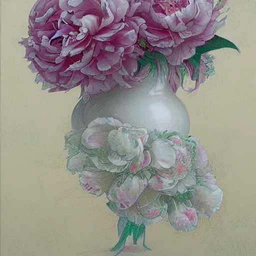 Prompt: beautiful cluster of cream and ivory flowers, peonies, by james jean, pastel colors