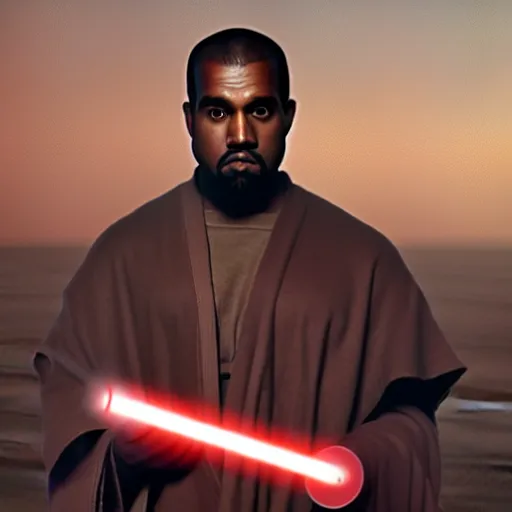 Image similar to Portrait of Kanye West as a jedi in Star Wars, holding lightsabre. splash art, cinematic lighting, dramatic, octane render, long lens, shallow depth of field, bokeh, anamorphic lens flare, 8k, hyper detailed, 35mm film grain