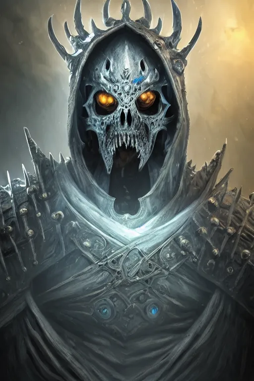 Image similar to an undead lich king, wide angle, super highly detailed, professional digital painting, artstation, concept art, smooth, sharp focus, no blur, no dof, extreme illustration, Unreal Engine 5, Photorealism, HD quality, 8k resolution, cinema 4d, 3D, beautiful, cinematic, art by artgerm and greg rutkowski and alphonse mucha and loish and WLOP