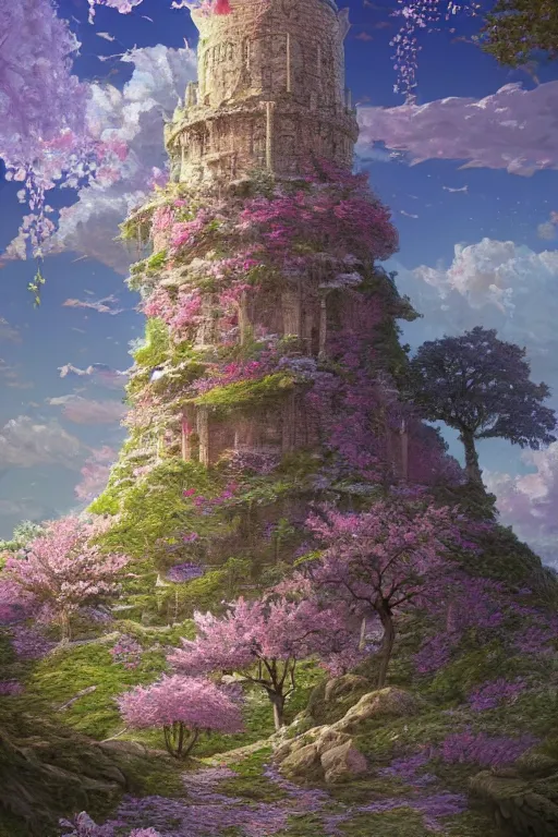 Image similar to hyperdetailed ancient wizard tower with sakura trees, cinematic highly detailed artstation hyperstylized illustrated by moebius and yoshitaka amano