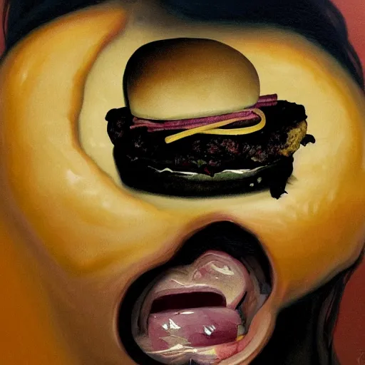 Image similar to mysterious portrait of Kim Kardashian emerging from the dark void eating burger, face partially melting like glitching out LSD effect, figure in the darkness of renaissance, serving big macs, covered in ketchup,Francisco Goya, painted by John Singer Sargant, Adrian Ghenie, style of Francis Bacon, highly detailed, 8k, trending on artstation