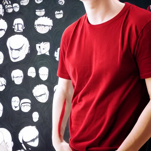 Prompt: a guy with short dark hair on his side, dressed in a red t - shirt, stands still against the backdrop of digital art, 8 k, character, realism, anime, portrait