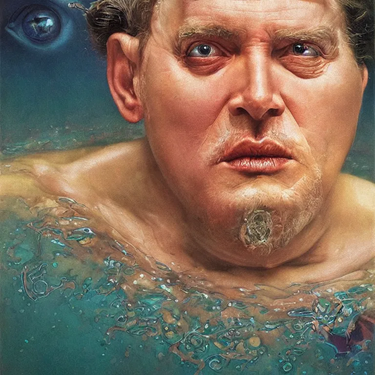 Image similar to Hyperrealistic intensely colored close up studio Photograph portrait of a deep sea bioluminescent Kevin Pollak, symmetrical face realistic proportions eye contact, sitting in His throne underwater, award-winning portrait oil painting by Norman Rockwell and Zdzisław Beksiński vivid colors high contrast hyperrealism 8k