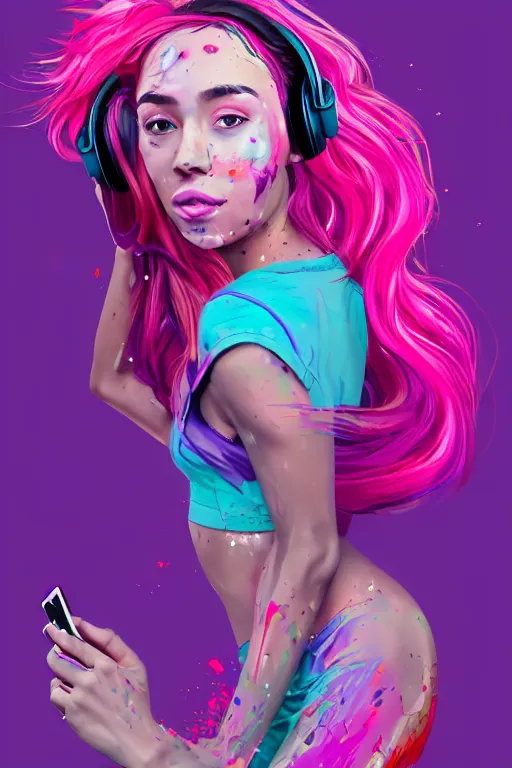 Image similar to a award winning half body portrait of a beautiful woman in a croptop and cargo pants with ombre purple pink teal hairstyle with head in motion and hair flying listenin to music on headphones by wlop, paint splashes and splatter, outrun, vaporware, shaded flat illustration, digital art, trending on artstation, highly detailed, fine detail, intricate