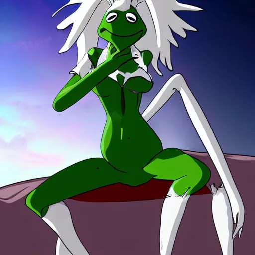 Image similar to kermit the frog as ragyo kiryuin from kill la kill, anime