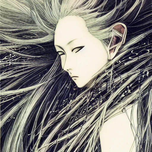 Image similar to Yoshitaka Amano blurred and dreamy illustration of an anime girl with wavy white hair fluttering in the wind and cracks on her face wearing elven armor with engravings, background with abstract black and white patterns, noisy film grain effect, highly detailed, Renaissance oil painting, weird portrait angle, three quarter view