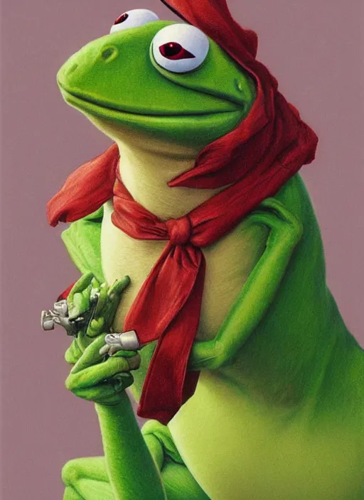 Prompt: portrait of Kermit the frog in Society (1989), highly detailed, centered, solid color background, digital painting, artstation, concept art, smooth, sharp focus, illustration, artgerm, donato giancola, Joseph Christian Leyendecker, Les Edwards, Ed Repka, WLOP, Artgerm