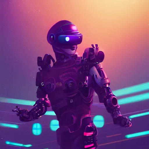 Image similar to cyberpunk concept bot, cinema 4 d, galaxy space sci - fi, wearing vr goggles, illustration, portrait, pastel neon textured background night, trending on artstation, greg rutkowski, octane rendered, 1 2 k, detailed,