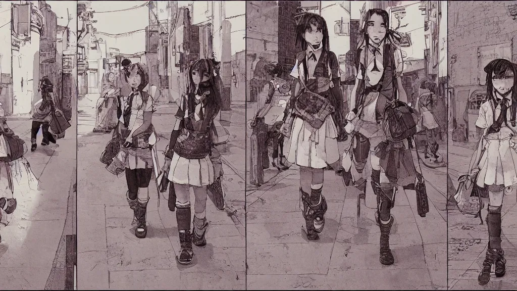 Image similar to cute schoolgirl walk in ghetto, in style of katsuya terada,, 8 k, hyper detailed.