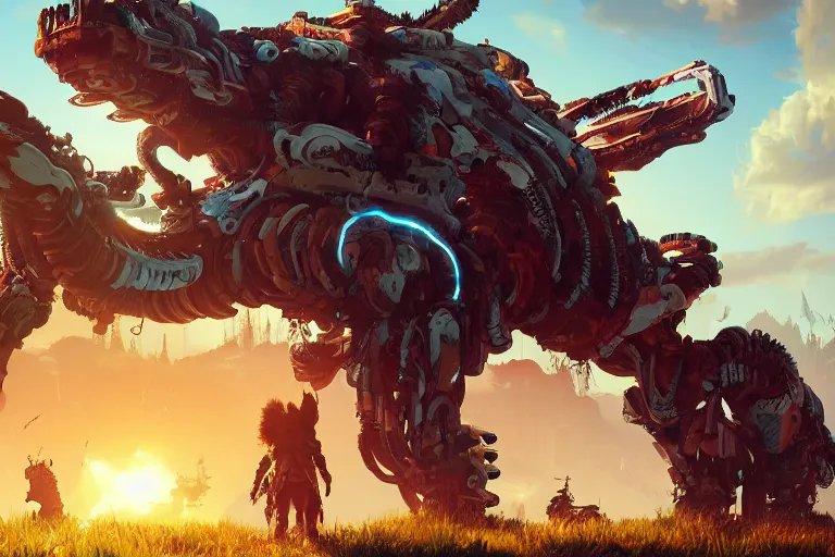 Prompt: snapmaw machine creature robot of horizon forbidden west horizon zero dawn radiating a glowing aura global illumination ray tracing hdr fanart arstation by ian pesty and alena aenami artworks in 4 k