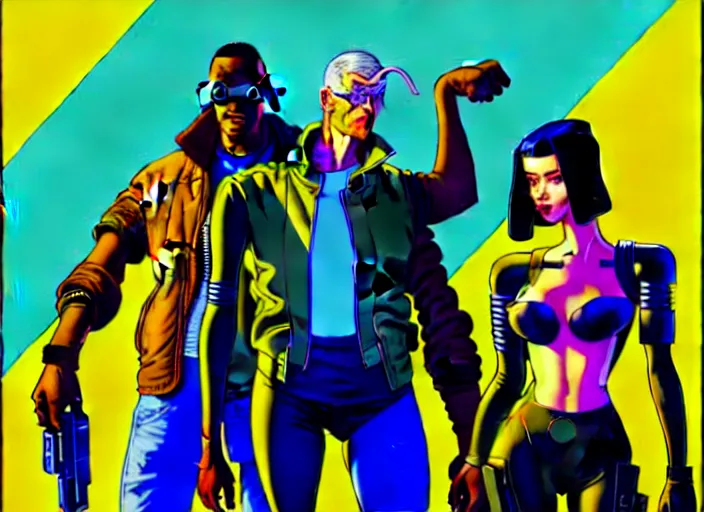 Image similar to cyberpunk heist crew. portrait by stonehouse and mœbius and will eisner and gil elvgren and pixar. character design. realistic proportions. cyberpunk 2 0 7 7 character art, blade runner 2 0 4 9 concept art. cel shading. attractive face. thick lines. the team. diverse characters. artstationhq.