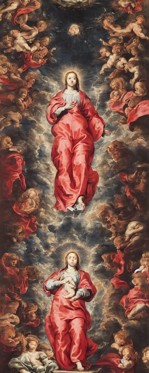 Prompt: a highly detailed oil painting of the Immaculate Conception surrounded by cherubins, wearing red robes, highly detailed face, full length, by Rubens