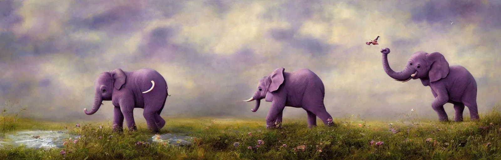 Image similar to A baby purple elephant flying across a meadow with a stream, illustration, detailed, smooth, soft, warm, by Adolf Lachman, Shaun Tan, Surrealism