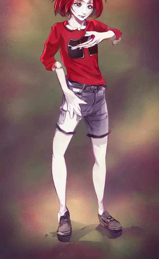 Image similar to full-body shot of an attractive tomboy girl with long, crimson red hair and red eyes, wearing a dark red shirt and green jeans with a stern look, concept art, character design