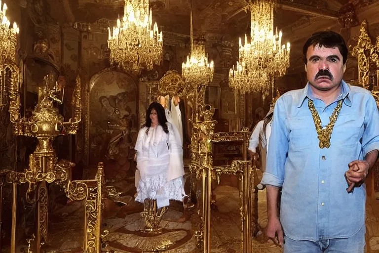 Image similar to el chapo standing in the middle of a grandiose mexican mansion. everything is made out of gold. el chapo is sipping on wine. the mansion is incredible and ornate. chapo has a clockwork chain. there are princesses and queens everywhere around him