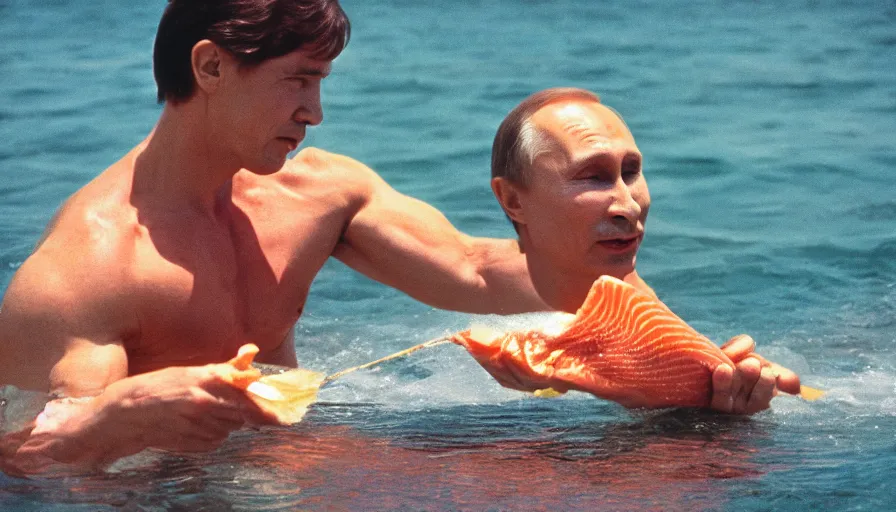 Image similar to 7 0 s movie still of putin in speedo, slapping a salmon in the face, focus on face. cinestill 8 0 0 t _ 3 5 mm eastmancolor, heavy grain, high quality, high detail