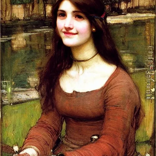 Prompt: woman with brown hair smiling, by john william waterhouse