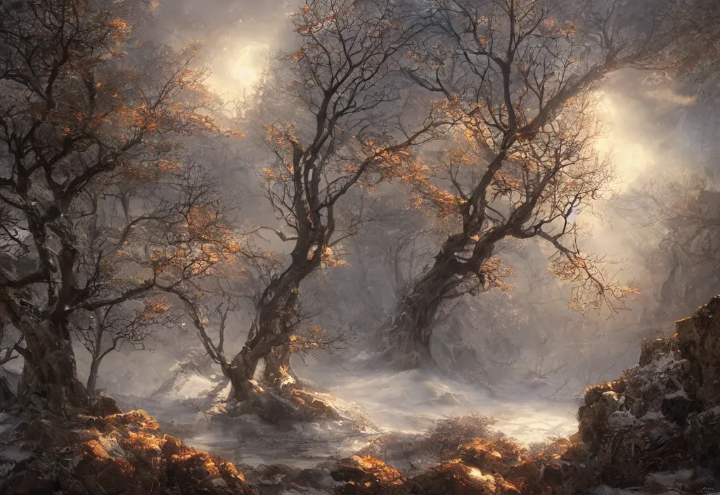 Image similar to tree, spring, summer, autumn, winter, snow, volymetric light, highly detailed matte painting, noriyoshi ohrai, charlie bowater, mark brooks