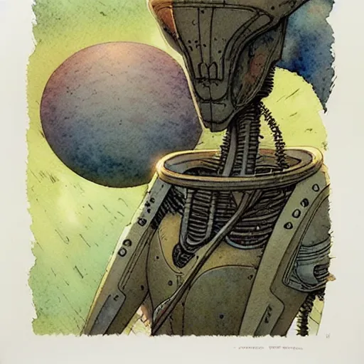 Image similar to a simple and atmospheric watercolour pulp sci - fi alien, very muted colors, by rebecca guay, michael kaluta, charles vess and jean moebius giraud