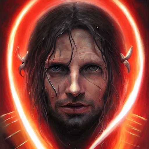 Image similar to portrait Aragorn as a Jedi Knight with red glowing eyes and a bright red lightsaber, art by pete mohrbacher and seb mckinnon and beksinski and josan gonzales, digital art, highly detailed, intricate, sci-fi, sharp focus, Trending on Artstation HQ, deviantart, unreal engine 5, 4K UHD image
