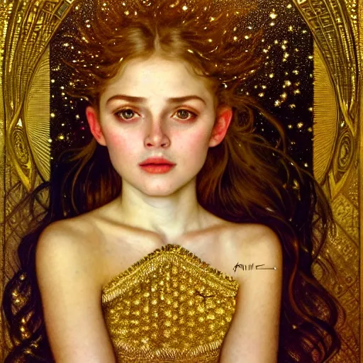 Image similar to portrait of a girl surrounded by shimmering reflective gold flakes, face, fantasy, intricate, elegant, dramatic lighting, highly detailed, lifelike, photorealistic, digital painting, artstation, concept art, smooth, sharp focus, illustration, art by John Collier and Krenz Cushart and Artem Demura and Alphonse Mucha and and Albert Aublet